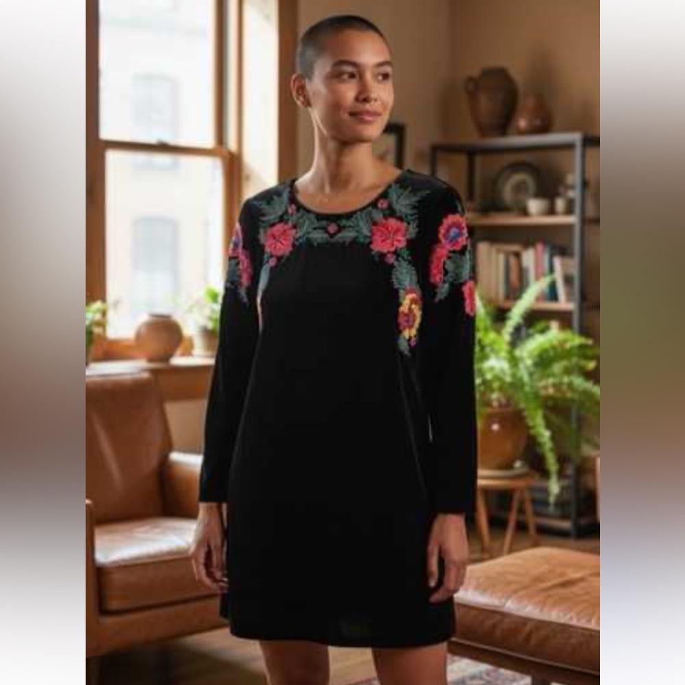 ZARA Black Velvet Floral Embroidered Dress